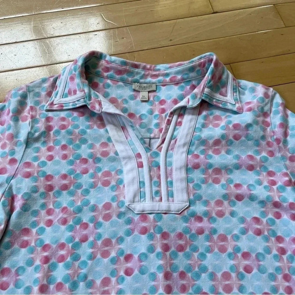 TALBOTS Blouse Cotton Blend Pink Blue Dot Design V Neck Collar Sz Petite Medium - Picture 2 of 8